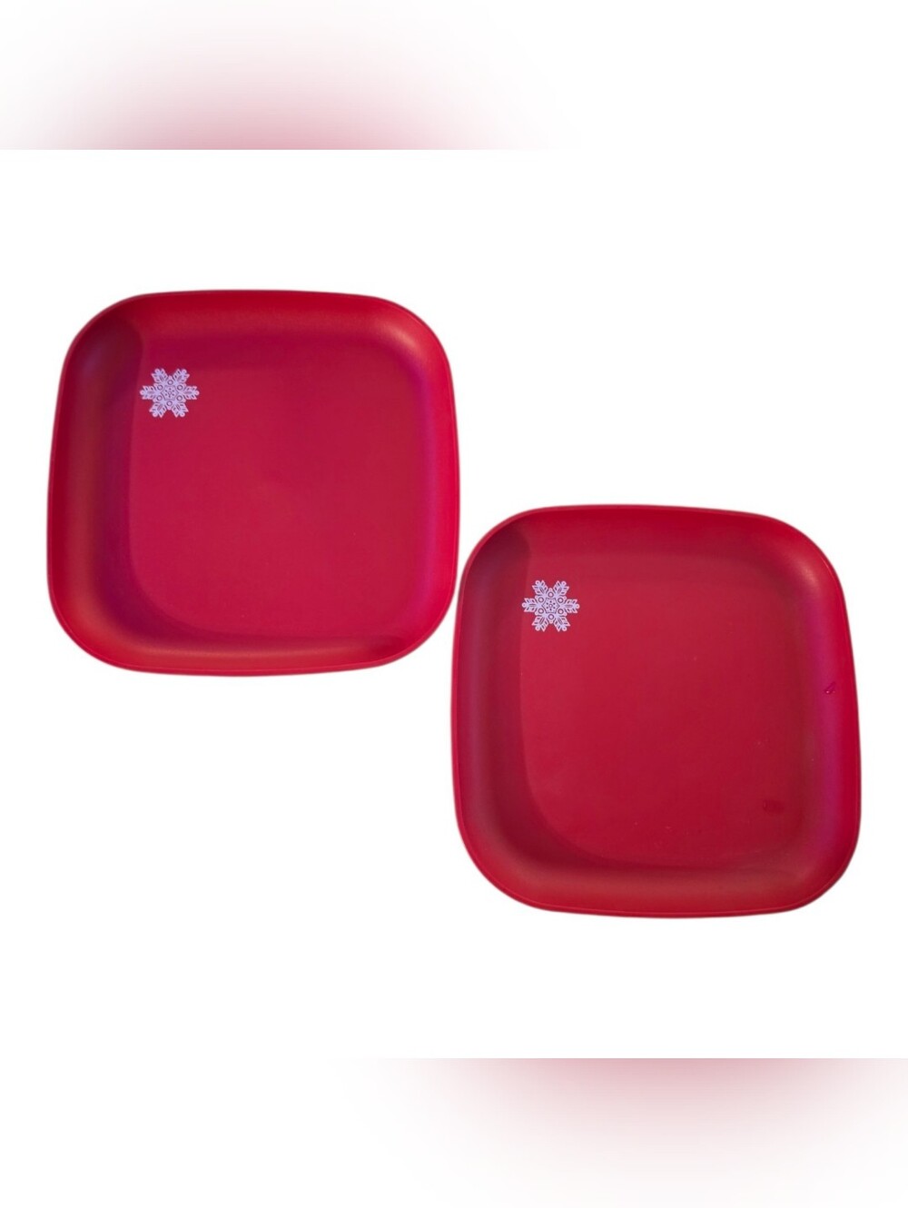 Vintage Set Of 2 Red Snowflake Tupperware Square Snack Plates 8"